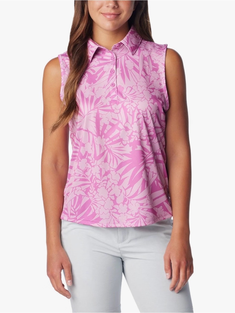 Columbia PFG Super Tidal Tee Sleeveless Polo Pink Tropical Floral XXL EUC $25